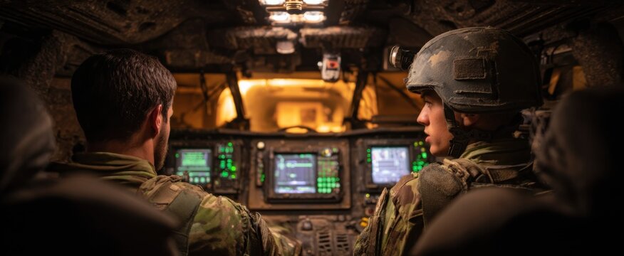 Military personnel navigate armored combat vehicle like sailors steering a metal sea beast.