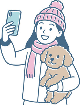 冬服で愛犬（トイプードル）を抱っこして自撮りをする女性のイラスト（SNS・ペット・散歩・冬の外出）