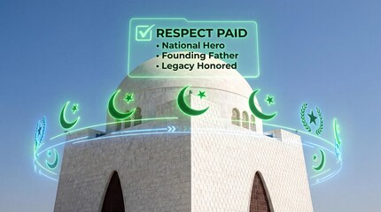 Respect paid to national hero founding father legacy honored at white monument with green crescent symbols