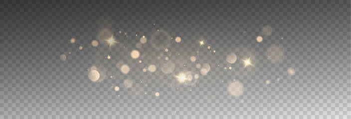 Christmas glowing bokeh confetti light and glitter texture overlay for your design. Festive sparkling gold dust png. Holiday powder dust for cards, invitations, banners, advertising.	
