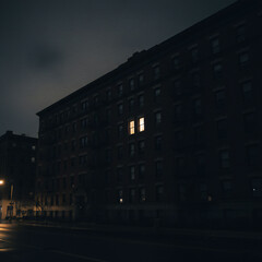 Valenstine day Dark city street with one lit window in large brick building at night