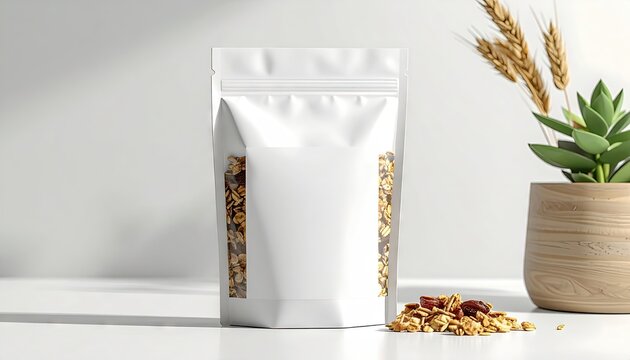 Granola Bag Displayed on a White Tabletop with Plant and Light in a Bright, Minimalist Setting.