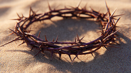 Fototapeta premium The crown of thorns of Jesus Christ on the sand. A crown of thorns on the rocks in the desert.