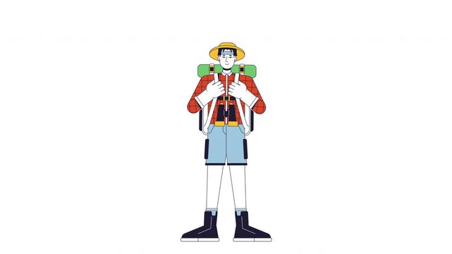 Male asian hiker with backpack 2D character animation. Wanderlust tourism. Travel spirit. Young korean man dressed for adventure animated person cartoon 4K video isolated on white transparent