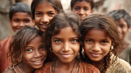 Fototapeta premium Smiling group of asian children in colorful traditional clothing outdoors.
