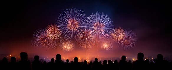 Obraz premium The crowd gasps in awe as fireworks burst joyfully in the night sky.