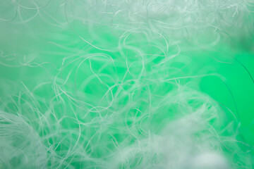 Extreme macro of polyester stable fiber on green background. Selective focus, shallow depth of field. Abstract dreamy background