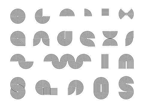 Linear arch and loop design elements set in midcentury modern style. Minimal geometric abstract shapes with continuous lines, inspired by boho and retro aesthetics. Suitable for posters, branding etc.