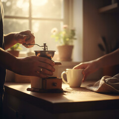 Valenstine day Couple preparing coffee together in cozy morning sunlight
