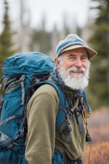 Obraz premium Explore adventure outdoor in National Park. A man with a beard and a hat standing outdoors, carrying a backpack. The background is slightly blurred, emphasizing the subject.