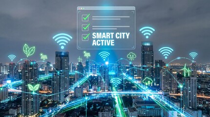 Smart cityscape with glowing wi fi symbols and digital interface at dusk urban technology concept