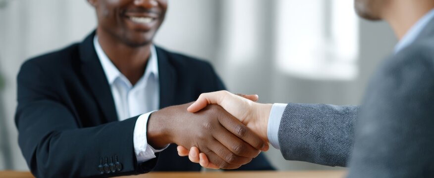 two coworkers wrapping up a great meeting with a friendly handshake