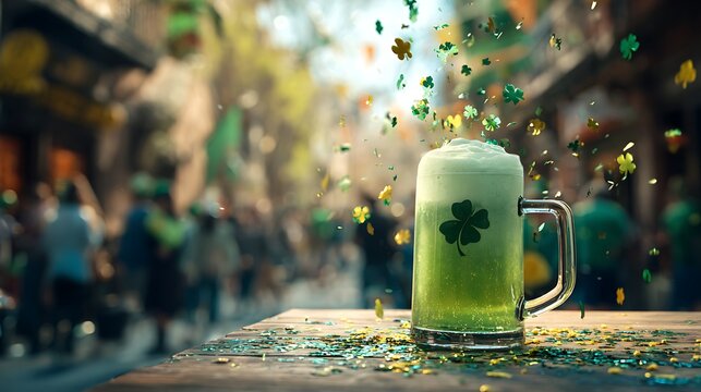 Festive green beer with clovers and confetti celebrates a lively st patrick s day