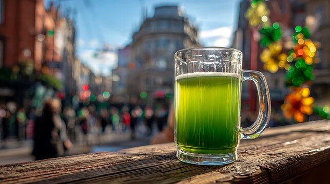 A refreshing glass of green beer sits before a blurred st patrick s day street