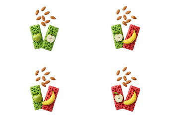 Four Displays of Healthy Cereal Bars Shaped Like the Letter V With Fresh Fruit and Nuts Against a Transparent Background Showcasing Vibrant Green and
