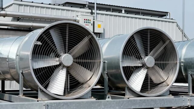 Medium shot of mechanical exhaust fans operating on an industrial building rooftop showcasing ventilation systems reducing odors in a plant environment.