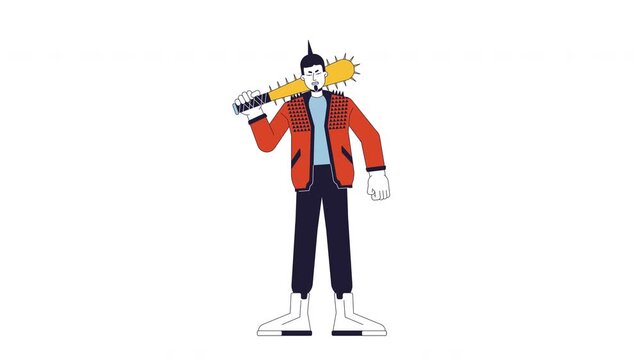 Angry man with mohawk holding spiked bat 2D character animation. Tough rebel punk subculture. Street fighter with aggressive stance animated person cartoon 4K video isolated on white transparent