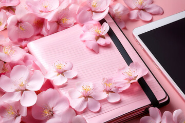 桜の花びらを散りばめた中に開かれた手帳とスマホ