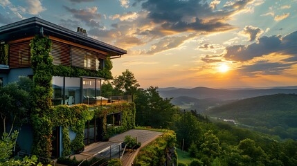 Obraz premium Upscale modern house with green facade overlooking sunset mountains, ideal for luxury real estate.