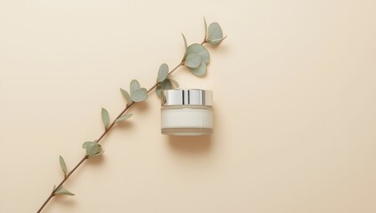 Elegant Moisturizer Jar with Eucalyptus on Soft Beige Background