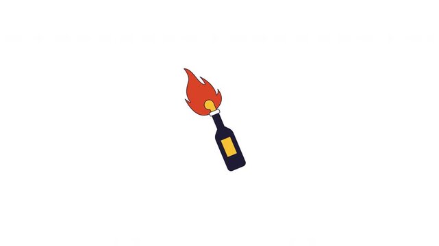 Molotov cocktail with burning flame 2D cartoon object animation. Rebellion protest. Explosive energy. Civil resistance. Symbolic fire bottle animated flat colorful item 4K video isolated on white