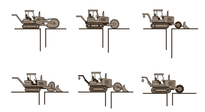 Industrial Trenching Equipment Performing Ground Work Sequence Isolated Flat Illustration