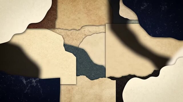 Abstract layered paper shapes background with textures and shadows