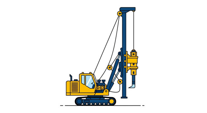 Industrial Yellow And Blue Pile Driver Machine Vector Illustration For Construction Projects