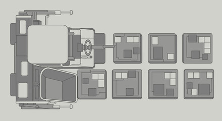 Industrial Machine Overhead View Engaging With Geometric Grid Layouts And Abstract Plot Designs