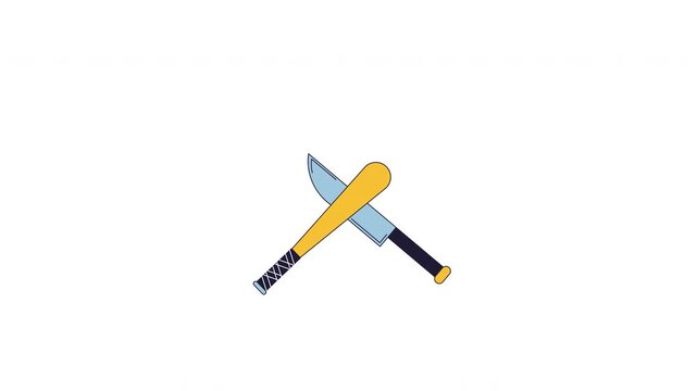 Knife and baseball bat crossed together 2D cartoon object animation. Conflict preparedness. Defense confrontation. Tactical weapons animated flat colorful item 4K video isolated on white