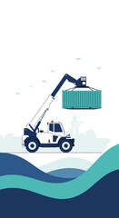 Fototapeta premium Industrial Reach Stacker Lifts Container At Port For Global Shipping Logistics