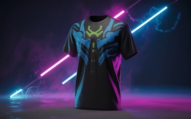Futuristic 3D Gaming T-shirt Render with Neon Lights and Cyberpunk Style.