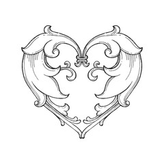 Baroque floral heart vector. Vintage ornament in leaf shape. Classical romantic filigree element.