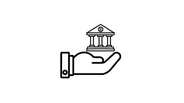 A minimalist line depicting an open hand holding a classical bank building with a dollar sign on its pediment against a clean white background symbolizing financial services and security