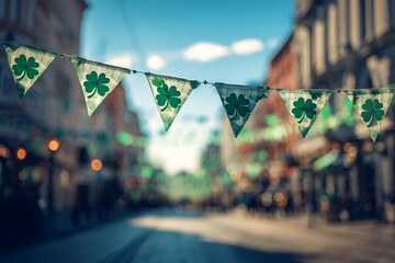 Naklejka premium st patrick s day decorations on a city street with blurred background