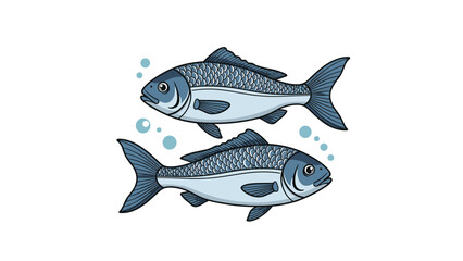 Obraz premium Two realistic blue sea fish swimming together with small water bubbles isolated on a plain white background illustration.