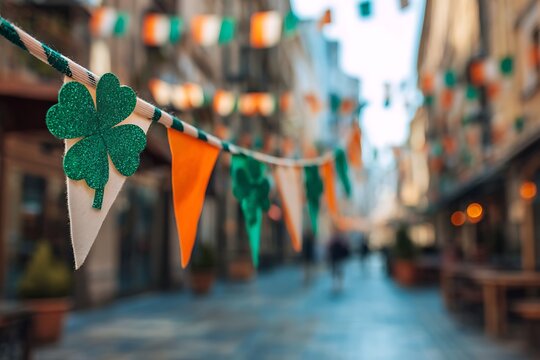 st patrick s day decorations on a city street with green and orange flags