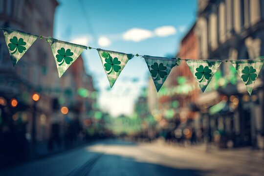 st patrick s day decorations on a city street with blurred background