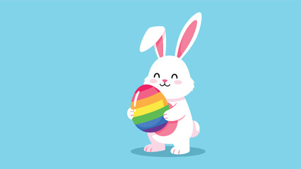 Cute Easter bunny holding a large rainbow-colored egg on a soft blue background, creating a festive and colorful holiday illustration.