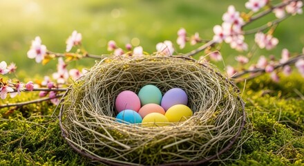 Obraz premium Colorful Easter Eggs Nestled in a Natural Nest Surrounded by Spring Blossoms