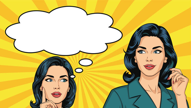 Pop art comic style illustration of two women with one thinking deeply next to a large blank thought bubble.