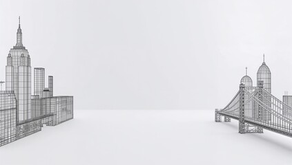 Obraz premium Wireframe Cityscape Illustration with Iconic Buildings and Bridges