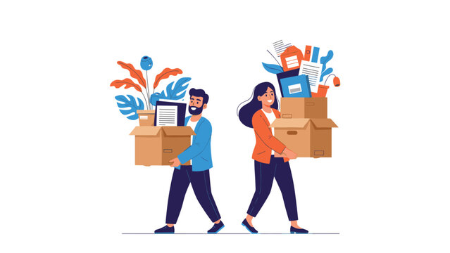 Man and woman carrying cardboard boxes filled with office supplies and plants while moving into a new workspace.