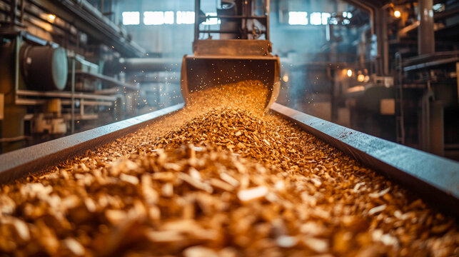 A stream of wood chips and sawdust is poured from a bucket onto a conveyor belt inside an industrial workshop. The process of wood processing and production at a woodworking factory.