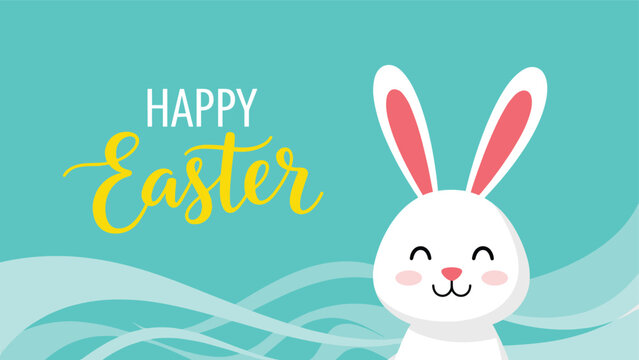 Cheerful white Easter bunny smiling against a turquoise background with wavy white lines and a festive happy Easter greeting in yellow text.