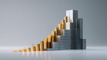 Fototapeta premium A conceptual image depicts buildings in a rising step formation, transitioning from gold to silver, symbolizing growth