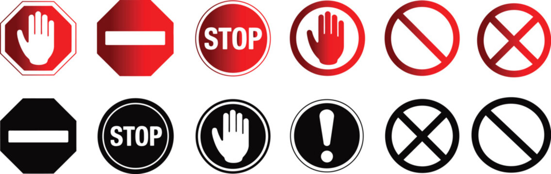 Collection of various red and black prohibition signs including stop hand and danger symbols on transparent background high-quality professional detailed