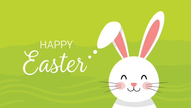 Cheerful Happy Easter greeting card design featuring a cute white rabbit illustration on a vibrant green textured background.