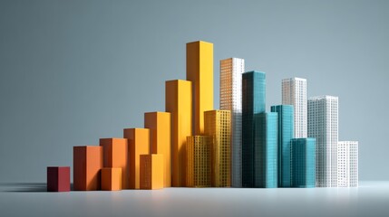 A stylized cityscape in bar graph form. Colors shift from red to orange, then yellow, blue, and white. Clean background