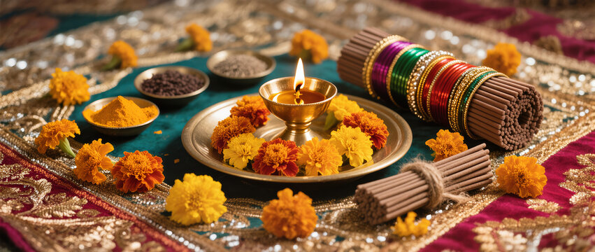 Indian culture flatlay featuring brass diya lamp, vibrant bangles, hand-rolled incense, turmeric and cumin in small bowls, fresh marigold flowers on embroidered textile, warm golden lighting, festive 